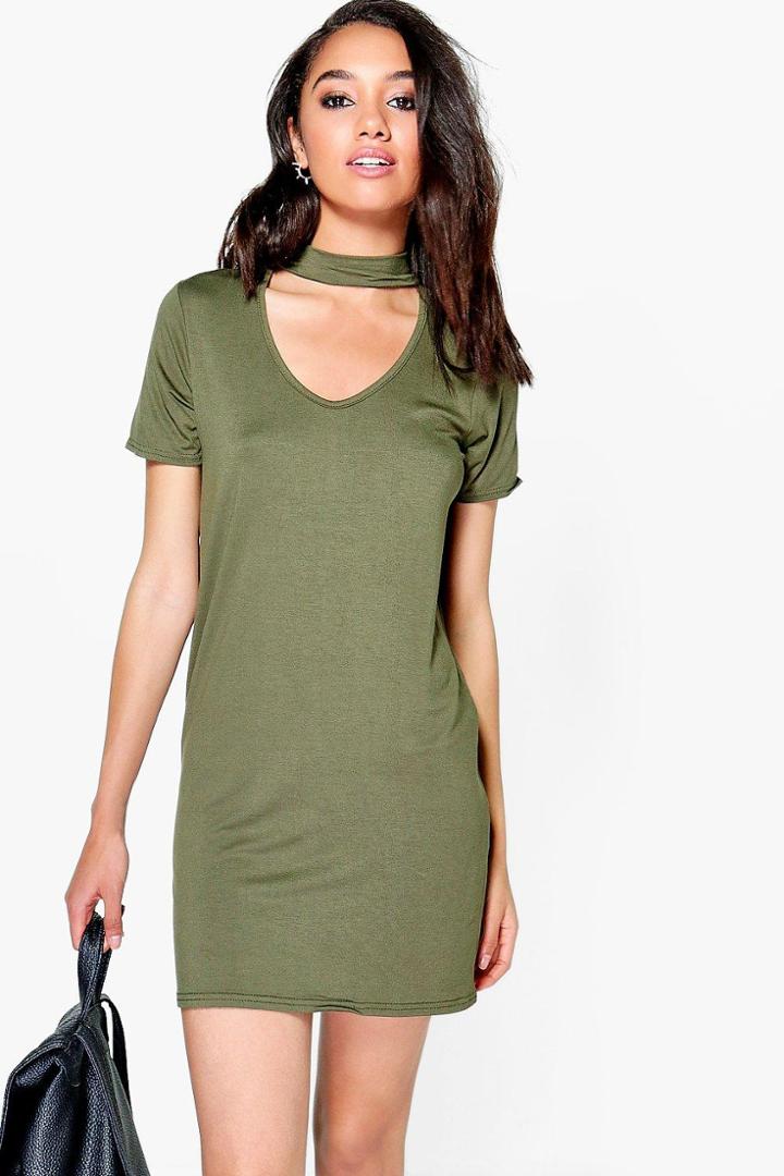 Boohoo Petite Rhianne Choker Detail T-shirt Dress Khaki