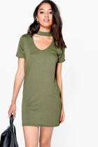 Boohoo Petite Rhianne Choker Detail T-shirt Dress Khaki