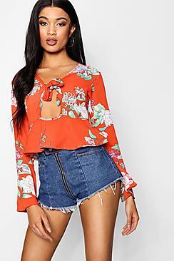 Boohoo Annie Floral Printed Tie Front Blouse With Key Hole