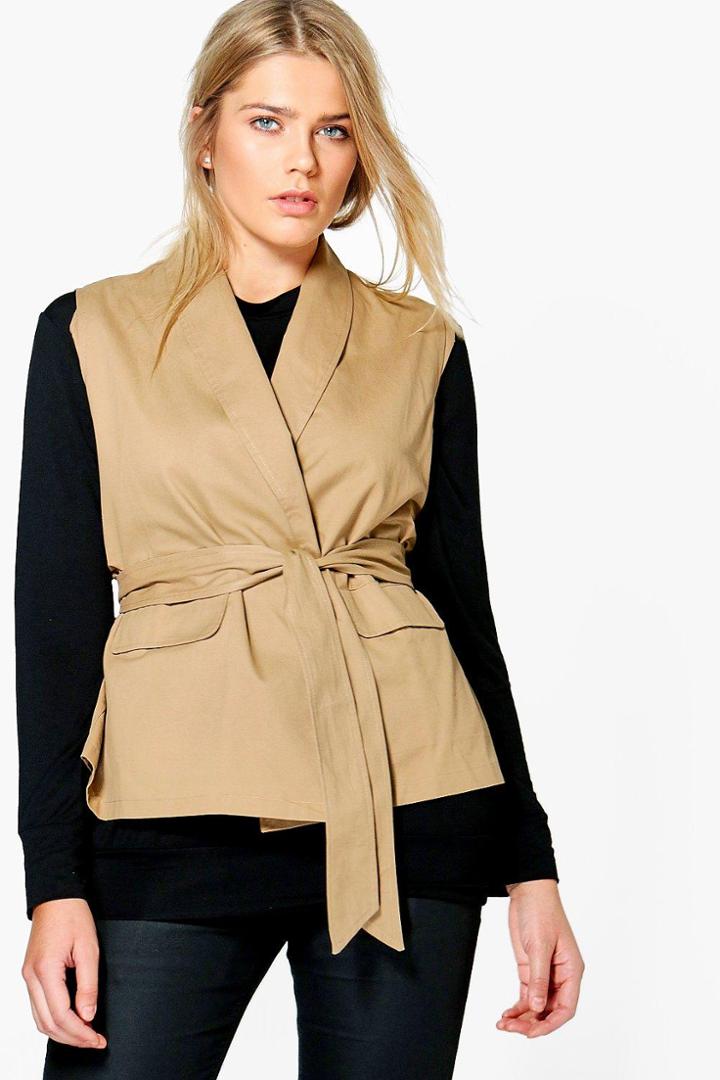 Boohoo Plus Jane Sleeveless Tie Waist Utility Jacket Tan