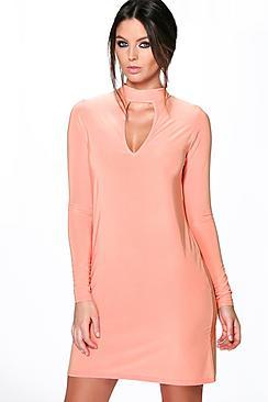 Boohoo Phoebe Long Sleeve High Neck Cut Out Dress