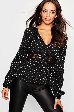 Boohoo Spot Crochet Trim Printed Blouse