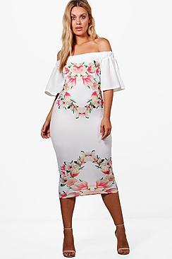 Boohoo Plus Kate Off The Shoulder Printed Midi Dress