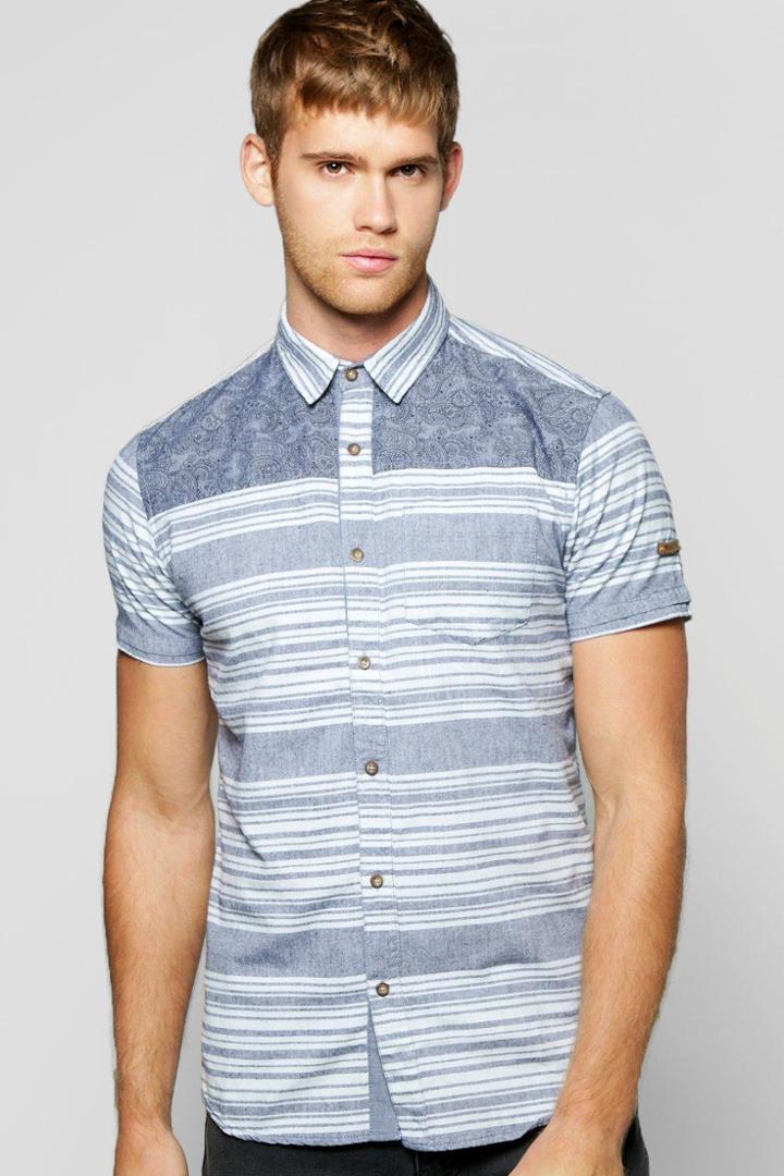 Boohoo Contrast Yoke Stripe Short Sleeve Shirt Blue