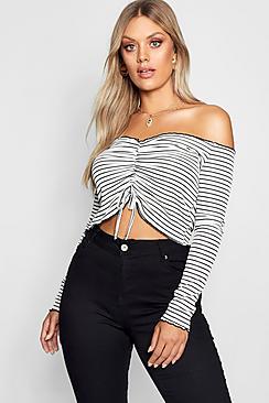 Boohoo Plus Off Shoulder Stripe Ruched Long Sleeve Top