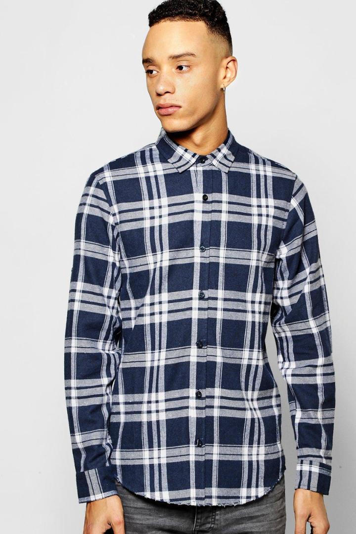 Boohoo Buffalo Flannel Shirt With Frayed Hem Navy