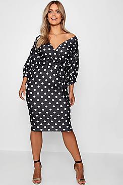 Boohoo Plus Taylor Spot Off Shoulder Wrap Midi Dress