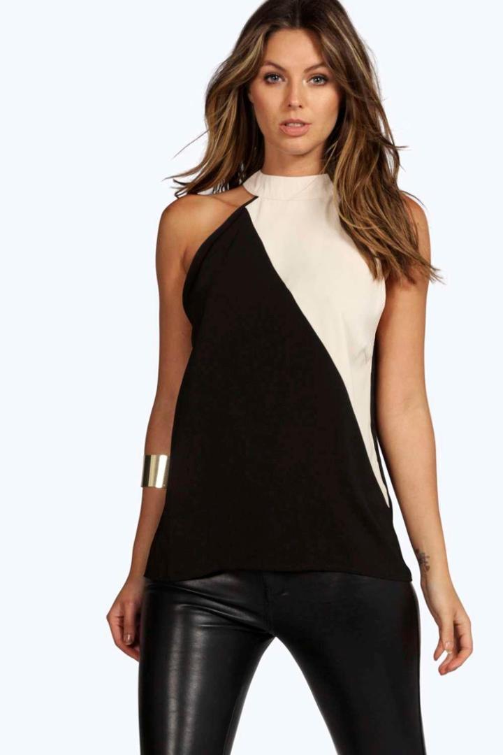 Boohoo Rosie Spliced High Neck Woven Top Nude