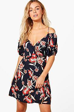 Boohoo Lydia Cold Shoulder Floral Wrap Dress