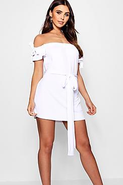 Boohoo Petite Tie Waist Bardot Shift Dress