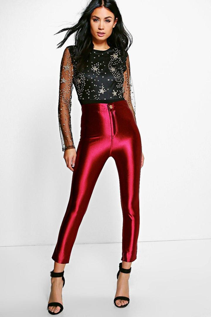 Boohoo Ava High Waist Super Skinny 3/4 Disco Trousers Berry