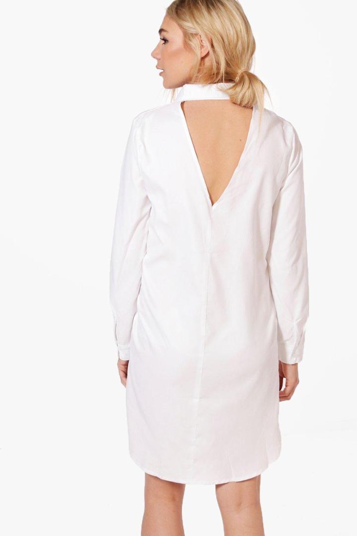 Boohoo Ashley Open Back Choker Shirt Dress White