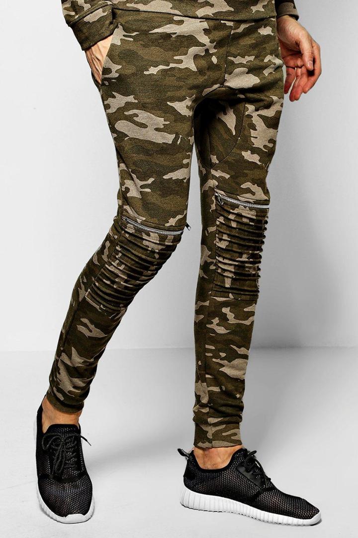 Boohoo Skinny Fit Camo Biker Joggers With Zips Khaki