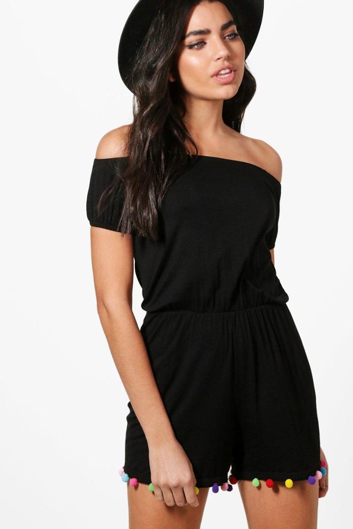 Boohoo Zoe Multi Colour Pom Off Shoulder Playsuit Black