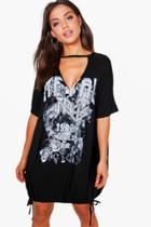 Boohoo Anna Drawstring Hem Printed T-shirt Dress Black