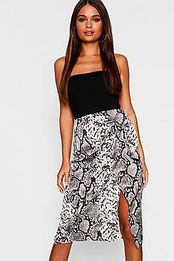 Boohoo Snake Print Satin Wrap Tie Midi Skirt