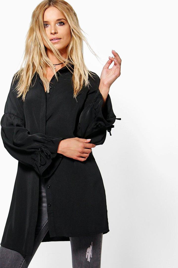 Boohoo Mandy Tie Cuff Longline Shirt Black