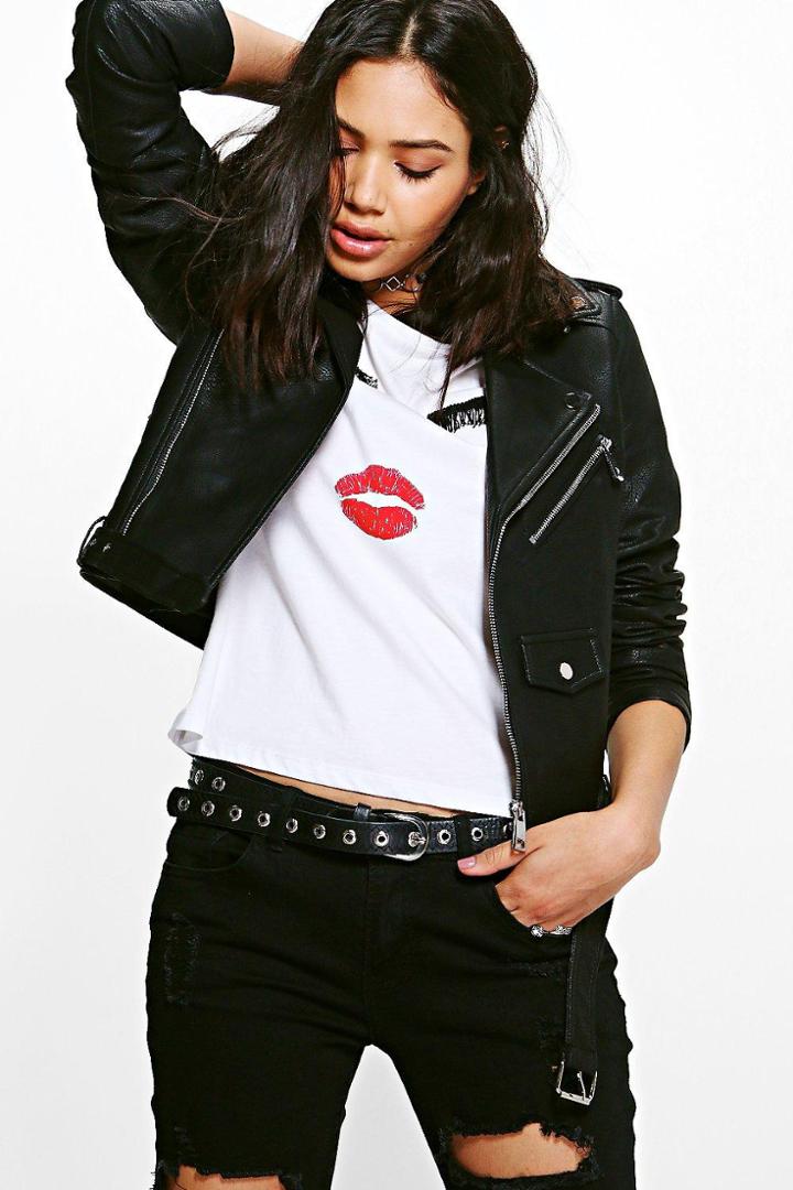 Boohoo Lena Boutique Belted Faux Leather Biker Jacket Black