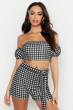 Boohoo Gingham Off Shoulder Belted Short Co-ord