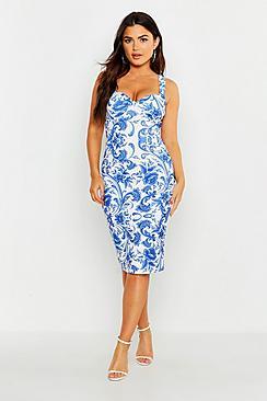 Boohoo Bust Detail Porcelain Print Midi Dress