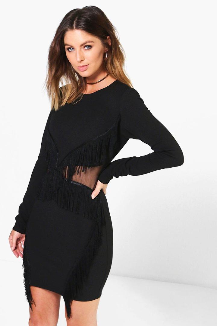 Boohoo Mona Long Sleeve Tassel Bodycon Dress Black