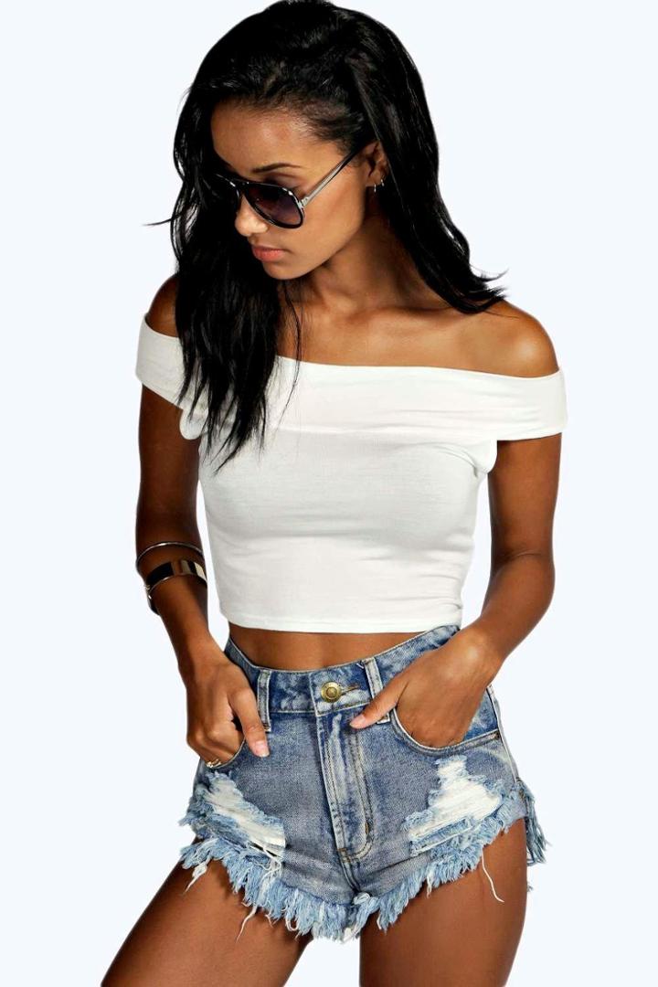 Boohoo Lilly Off The Shoulder Bardot Crop Top Cream