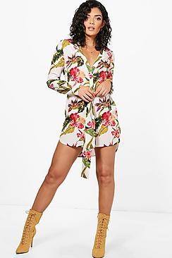 Boohoo Split Sleeve Tie Waist Woven Shirt Dress