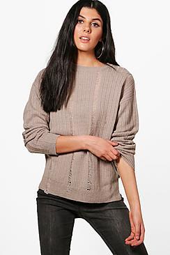 Boohoo Hannah Distressed Laddered Rib Knit Jumper