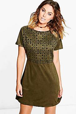 Boohoo Mia Suedette Cutwork Strap Back Shift Dress