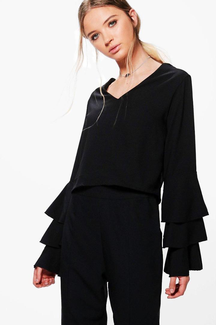 Boohoo Vanessa Frill Sleeve Woven Top Black