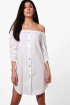Boohoo Freyja Button Front Off Shoulder Cotton Sundress White