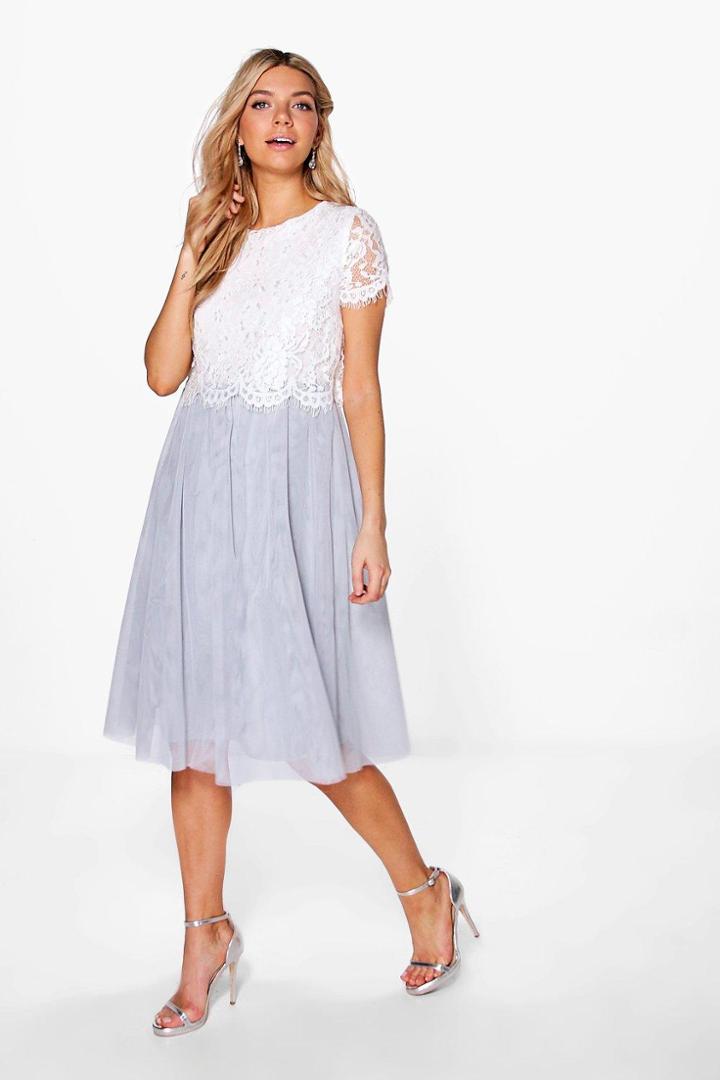Boohoo Boutique Ria Lace Tulle Midi Skater Dress Grey