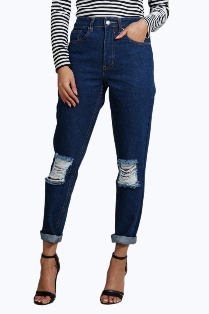 Boohoo Cara 70's Wash Knee Rip Mom Jeans Blue