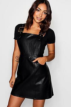 Boohoo Buckle Detail Leather Look Pinafore Dress