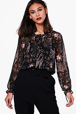 Boohoo Natalie Frill Printed Blouse
