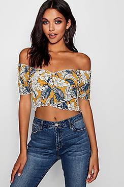 Boohoo Jasmin Shirred Palm Print Crossover Top