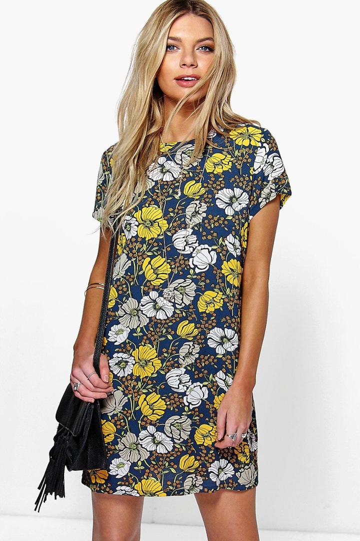 Boohoo Meili Floral Print Cap Sleeve Shift Dress Black