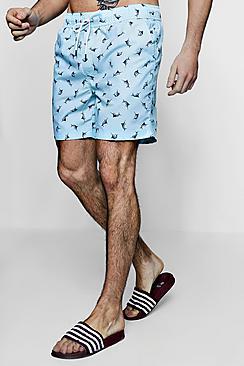 Boohoo Shark Print Mid Length Swim Short