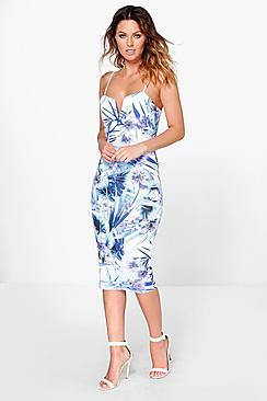 Boohoo Carmella V Neck Tropical Print Midi Dress