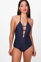 Boohoo Paris Polka Dot Strap Detail Swimsuit