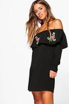 Boohoo Petite Sara Embroidered Off The Shoulder Shift Dress