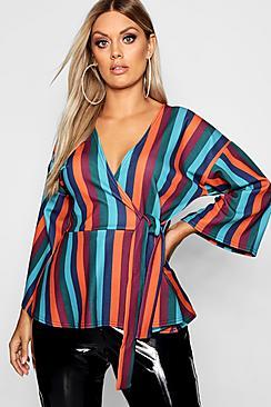 Boohoo Plus Striped Tie Side Wrap Top