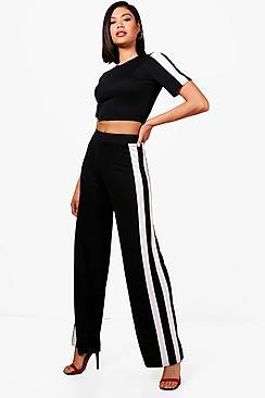 Boohoo Liz Sports Stripe Wide Leg Trouser Co-ord