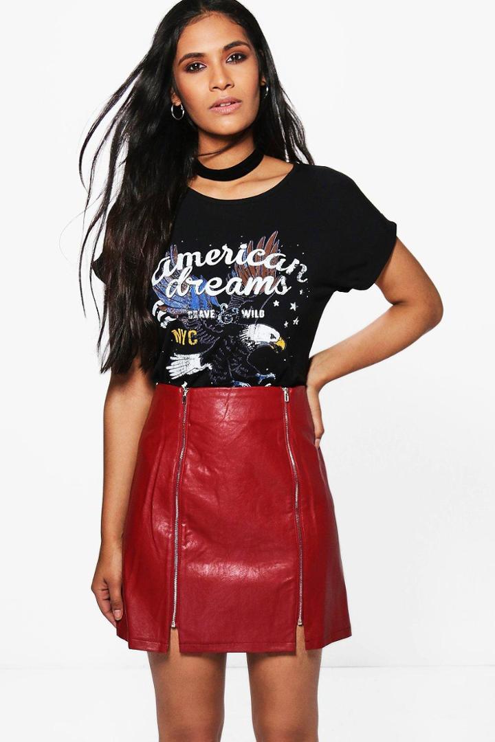 Boohoo Myah Leather Look Double Zip Mini Skirt Berry