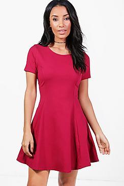 Boohoo Sara Seam Detail Cap Sleeve Skater Dress