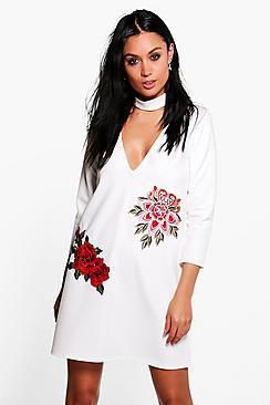 Boohoo Taylor Embroidered Choker Shift Dress