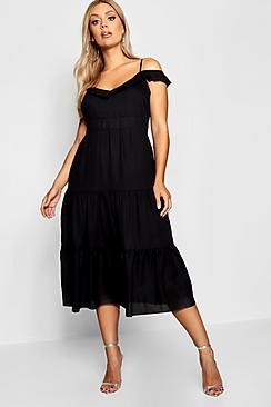 Boohoo Plus Frill Detail Cold Shoulder Dress