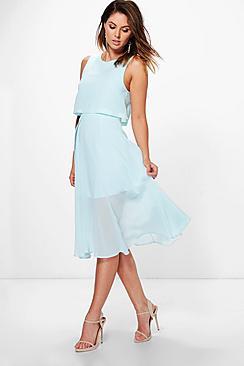 Boohoo Sybil Chiffon Double Layer Midi Skater Dress