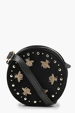 Boohoo Bug Embroidered Velvet Round Cross Body