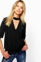 Boohoo Millie 3/4 Sleeve Open Neck Blouse Black